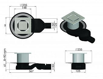 Душевой трап BERGES 090159 150х150 36,7х23,5см горизонтальный сток