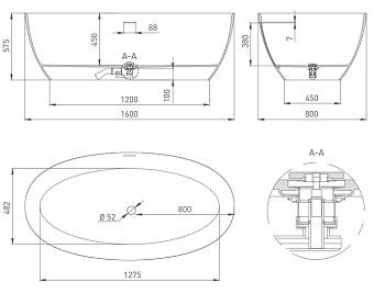 Ванна каменная SALINI ALDA 101913GRF S-Sense глянцевая 160х80см отдельностоящая