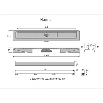 Щелевой душевой трап BERGES C1 Norma 095139 800 89,5х31,2см горизонтальный сток