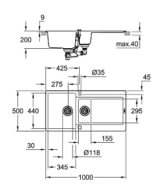 Мойка кухонная GROHE K500 31646AP0 100х50см чёрный матовый