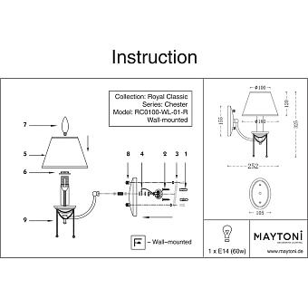 Светильник настенный Maytoni Chester RC0100-WL-01-R 60Вт E14