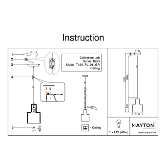 Светильник подвесной Maytoni Broni T439-PL-01-GR 60Вт E27
