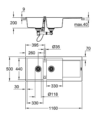 Мойка кухонная GROHE K500 31647AT0 116х50см серый