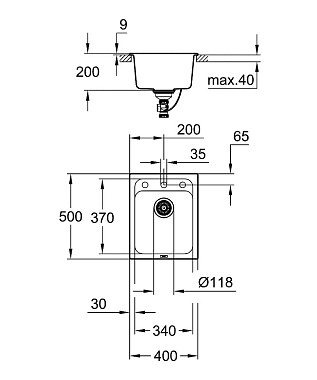 Мойка кухонная GROHE K700 31650AP0 40х50см чёрный матовый