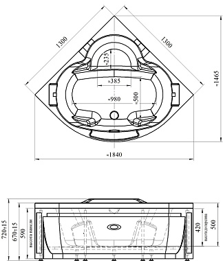 Ванна акриловая RADOMIR Сорренто 1-01-3-0-9-039К 130х130см угловая