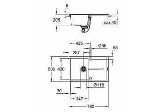 Мойка кухонная GROHE K400 31639AP0 78х50см чёрный гранит