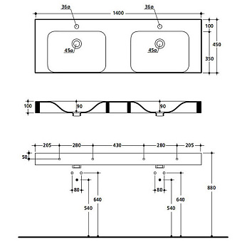 Раковина двойная Kerasan Cento 353601*1 140х45см