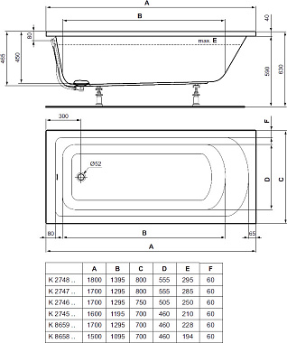 Ванна акриловая IDEAL STANDARD HOTLINE K274601 170х80см встраиваемая