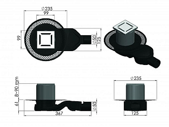 Душевой трап BERGES 090158 100х100 36,7х23,5см горизонтальный сток