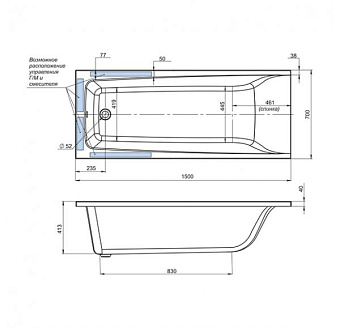 Ванна акриловая MIRSANT Алушта УТ000063656 150х70см пристенная