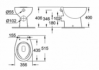 Унитаз приставной GROHE Bau Ceramic 39430000 без сиденья
