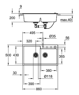 Мойка кухонная GROHE K500 31649AP0 86х50см чёрный матовый