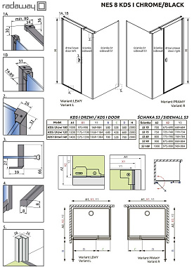 Угловое ограждение RADAWAY Nes 8 Black KDS I 200х140см стекло прозрачное