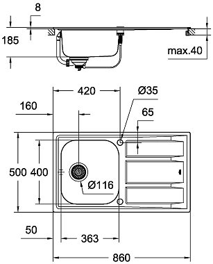 Мойка кухонная GROHE K400 31570SD0 86х50см сталь/хром
