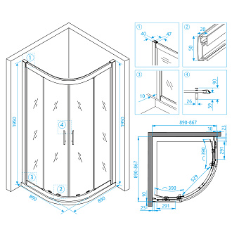 Угловое ограждение RGW Hotel 03063100-11 195х90см стекло металл