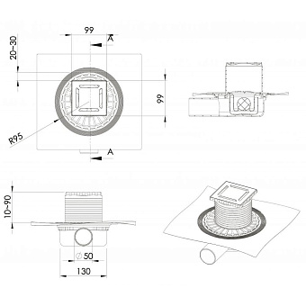Душевой трап BERGES 100*100 21х19см горизонтальный сток
