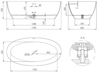 Ванна каменная SALINI ALDA 101922MRF S-Stone матовая 170х80см отдельностоящая