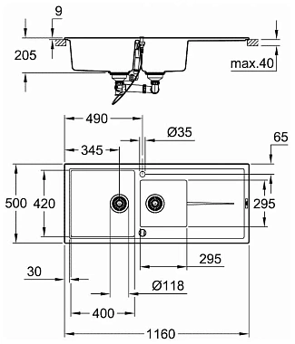 Мойка кухонная GROHE K400 31643AT0 116х50см Серый гранит