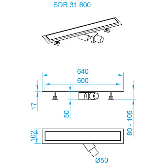 Душевой лоток RGW 47213160-04 SDR-31B 60х10,2см горизонтальный сток с решёткой и опорами