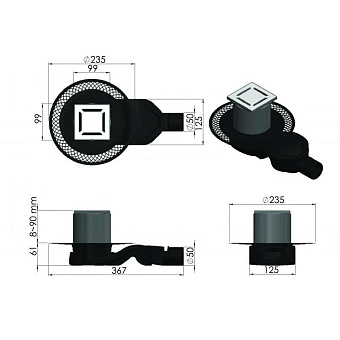 Душевой трап BERGES 092158 100x100 36,7х23,5см горизонтальный сток