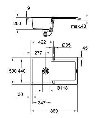 Мойка кухонная GROHE K500 31644AP0 86х50см чёрный матовый