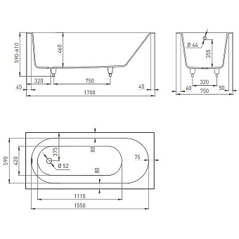 Ванна каменная SALINI ORNELLA 102321M S-Stone матовая 170х75см встраиваемая