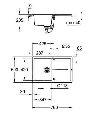 Мойка кухонная GROHE K400 31639AT0 78х50см серый гранит