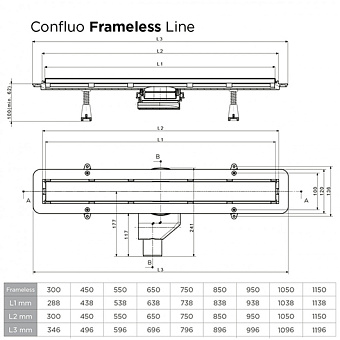 Щелевой душевой трап Pestan Confluo Premium Line 13701204 69,6х6,6см горизонтальный сток
