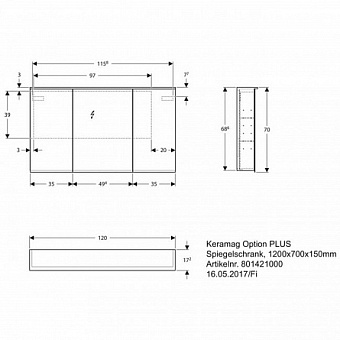 Шкаф зеркальный GEBERIT Option Plus 500.592.00.1 17х120х70см с подсветкой