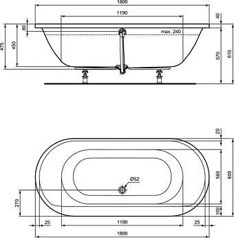 Ванна акриловая IDEAL STANDARD CONNECT AIR E106801 180х90см встраиваемая