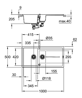 Мойка кухонная GROHE K400 31642AP0 100х50см серый