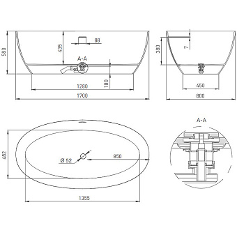 Ванна каменная SALINI ALDA 101922M S-Stone матовая 170х80см отдельностоящая