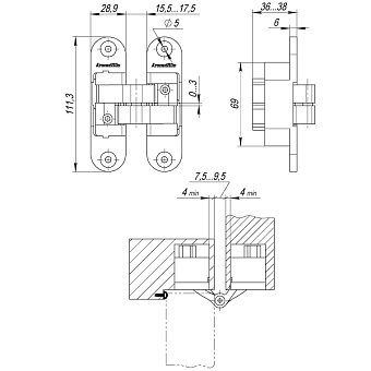 Петля скрытая ARMADILLO Architect 3D-ACH 60 AB L 111,3х28,9мм бронза