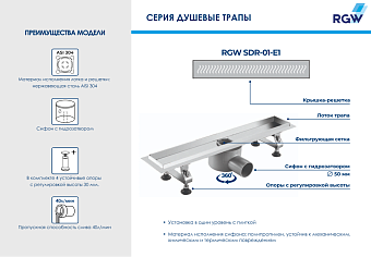 Душевой лоток RGW 21210112-01 SDR-01-E1 120х9см горизонтальный сток с решёткой и опорами