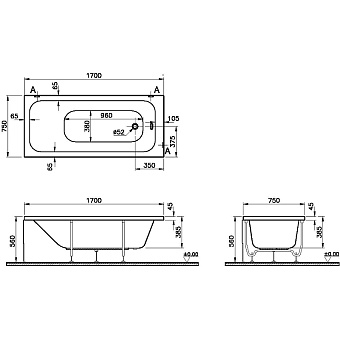 Ванна акриловая VITRA Optimum Neo 64570001000 170х75см пристенная