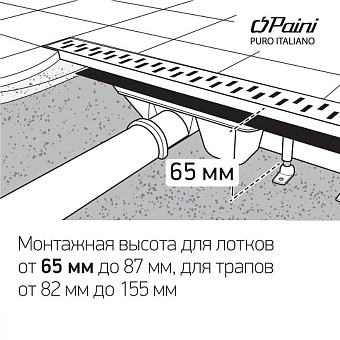 Душевой лоток Paini CH450HC 52,5х45см горизонтальный сток с решёткой и опорами