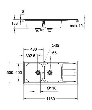 Мойка кухонная GROHE K400 31587SD0 116х50см хром