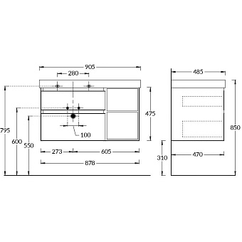 Тумба под раковину подвесная KERAMA MARAZZI CUBO CU.90Lh\MAL 47х87,8х47,5см