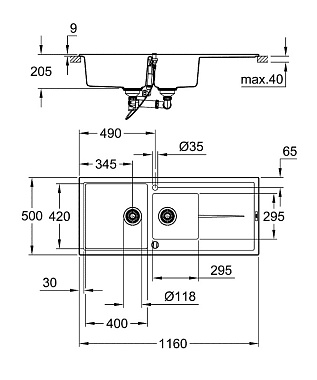 Мойка кухонная GROHE K400 31643AP0 116х50см чёрный матовый