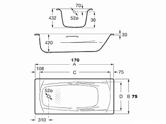 Ванна стальная ROCA Swing 7.2201.E.000.0 170х75см пристенная