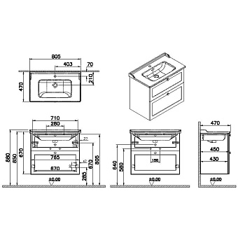 Тумба с раковиной VITRA Root Classic 68874 47х80,5х67см