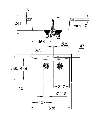 Мойка кухонная GROHE K700 31657AP0 83,8х56см чёрный матовый