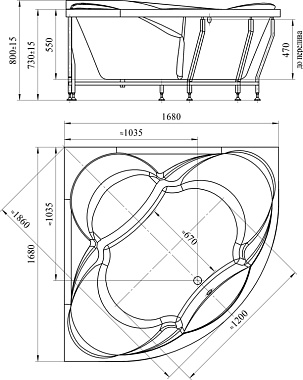 Ванна акриловая RADOMIR Филадельфия 1-01-2-0-1-042К 168х168см угловая