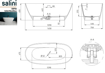 Ванна каменная SALINI SOFIA 102511G S-Sense глянцевая 165х75см отдельностоящая