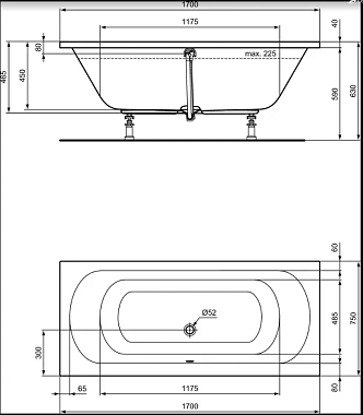 Ванна акриловая IDEAL STANDARD HOTLINE K274901 170х80см встраиваемая