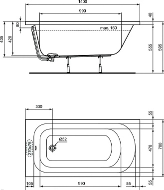 Ванна акриловая IDEAL STANDARD SIMPLICITY W004101 140х70см встраиваемая