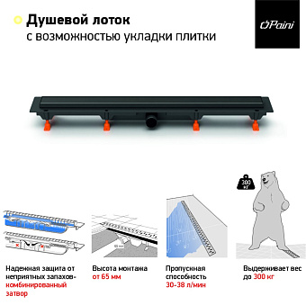 Душевой лоток Paini CH750KC 75х75см горизонтальный сток с решёткой под плитку и опорами