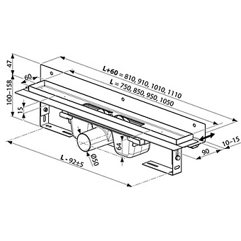 Душевой лоток RAVAK X01635 111х9см горизонтальный сток с решёткой и опорами
